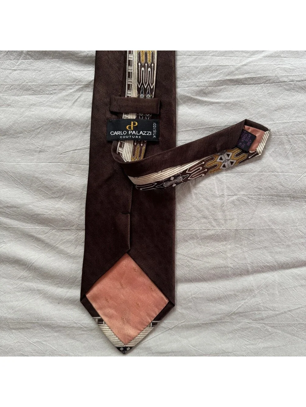 Carlo Palazzi Couture Silk Necktie Brown Cream Patterned Vintage